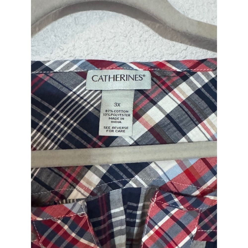 Catherines Womens 3X Plaid Henley Blouse Red Blue 3/4 Roll Tab Sleeve Top - Picture 3 of 11
